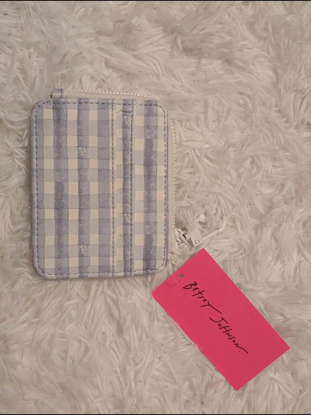 Betsey Johnson Blue and White Gingham Card Case with Heart Charm